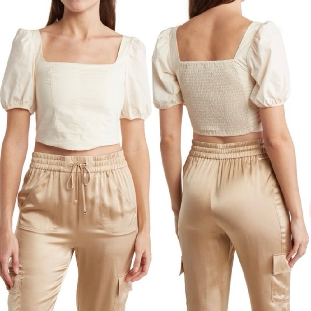 Sophie Rue Designer Cream Puff Sleeve 100% Cotton Crop Top Women’s Size Small